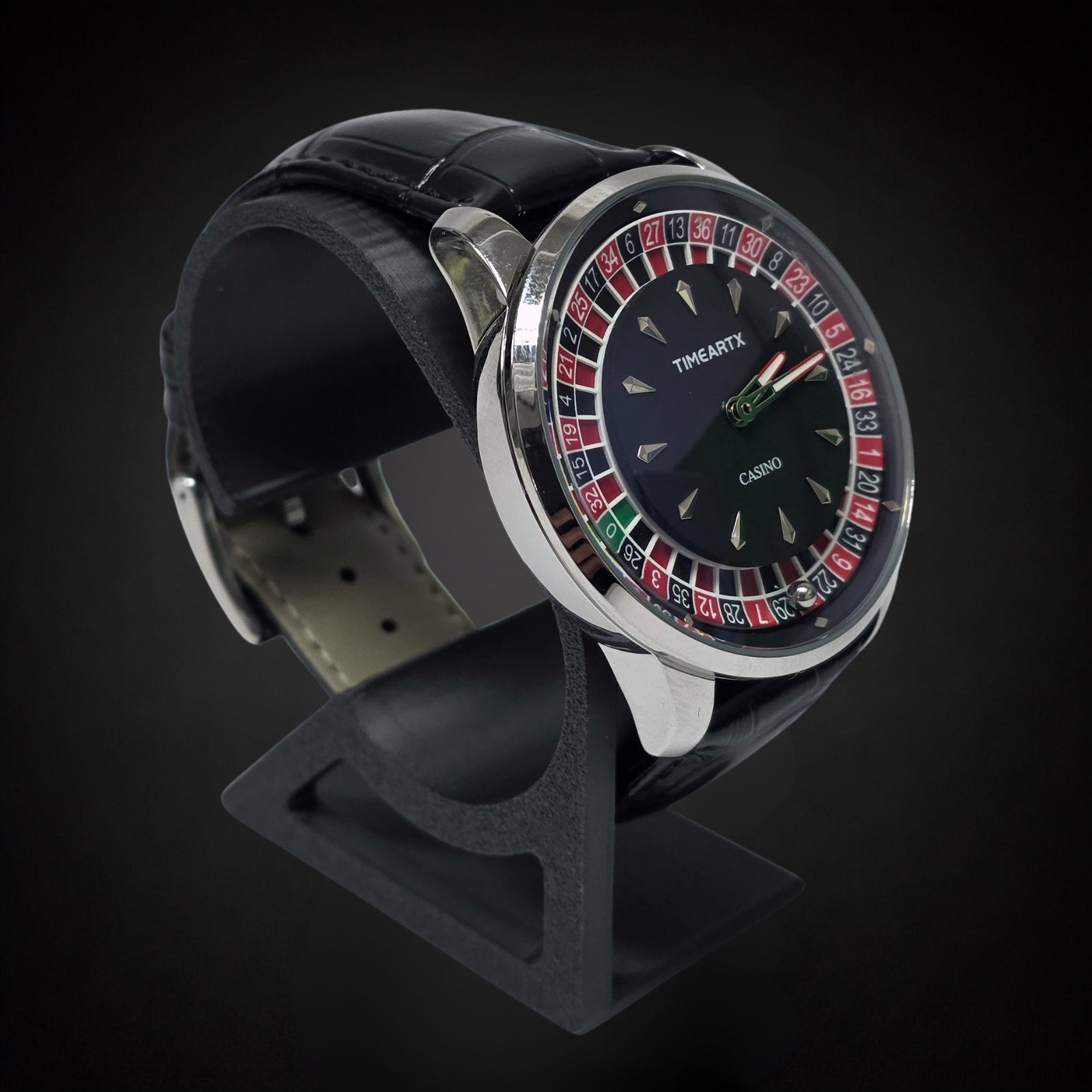TIMEARTX Roulette Watch Black Leather angled view