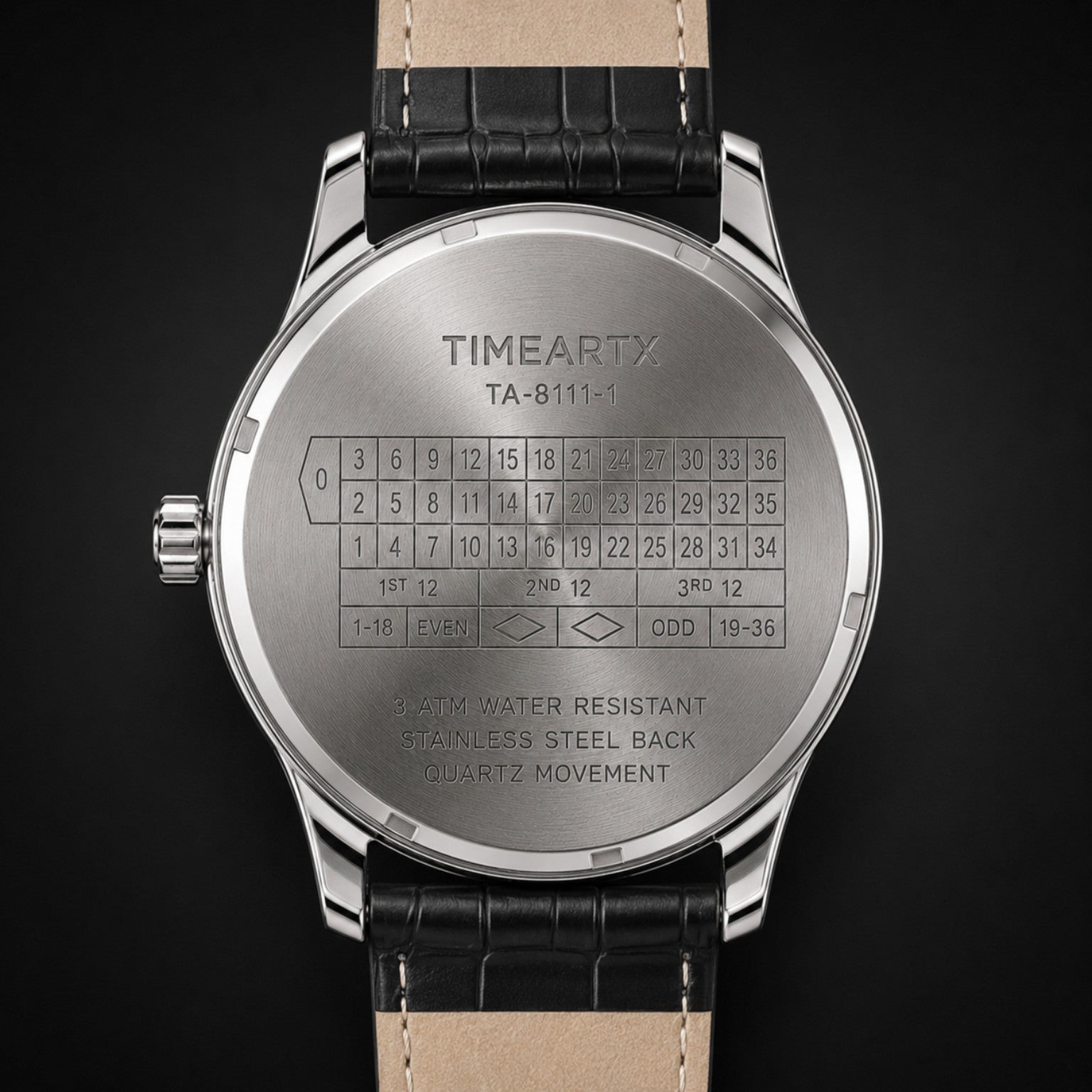 TIMEARTX Roulette Watch black leather strap caseback close-up