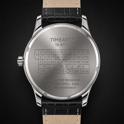 TIMEARTX Roulette Watch black leather strap caseback close-up