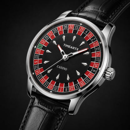 TIMEARTX Roulette Watch black leather strap dial close-up