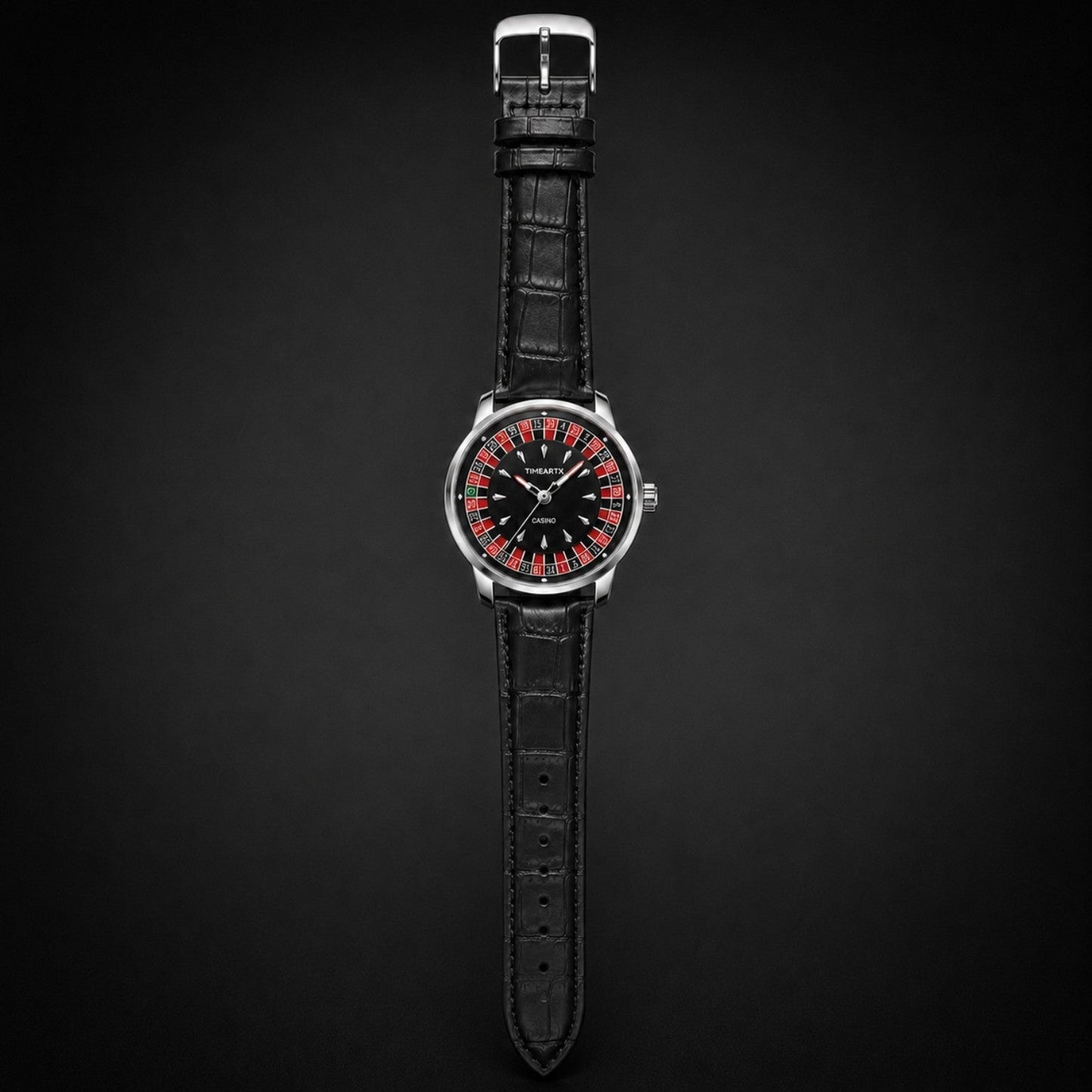 TIMEARTX Roulette Watch black leather strap front full view