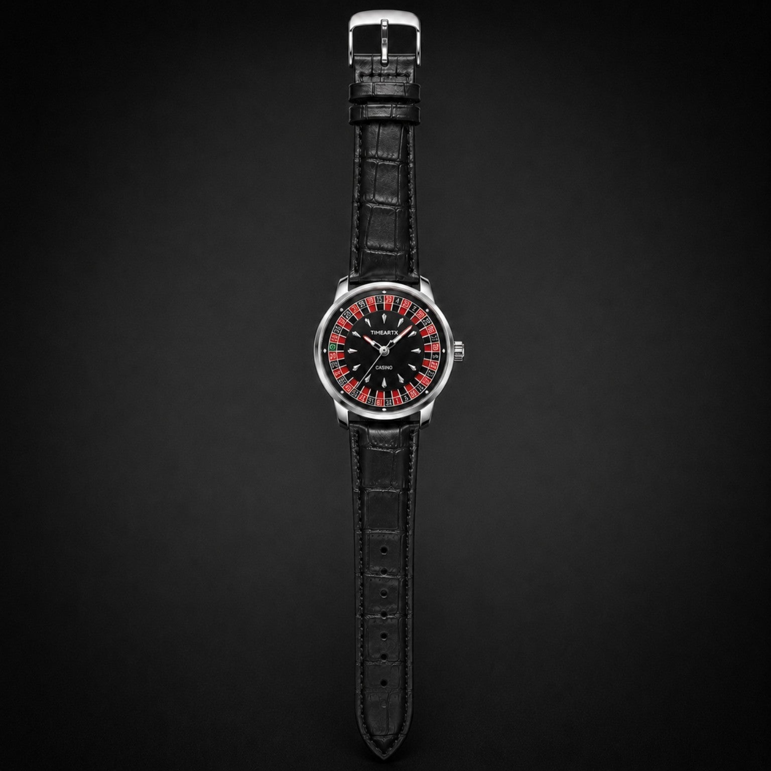 TIMEARTX Roulette Watch black leather strap front full view