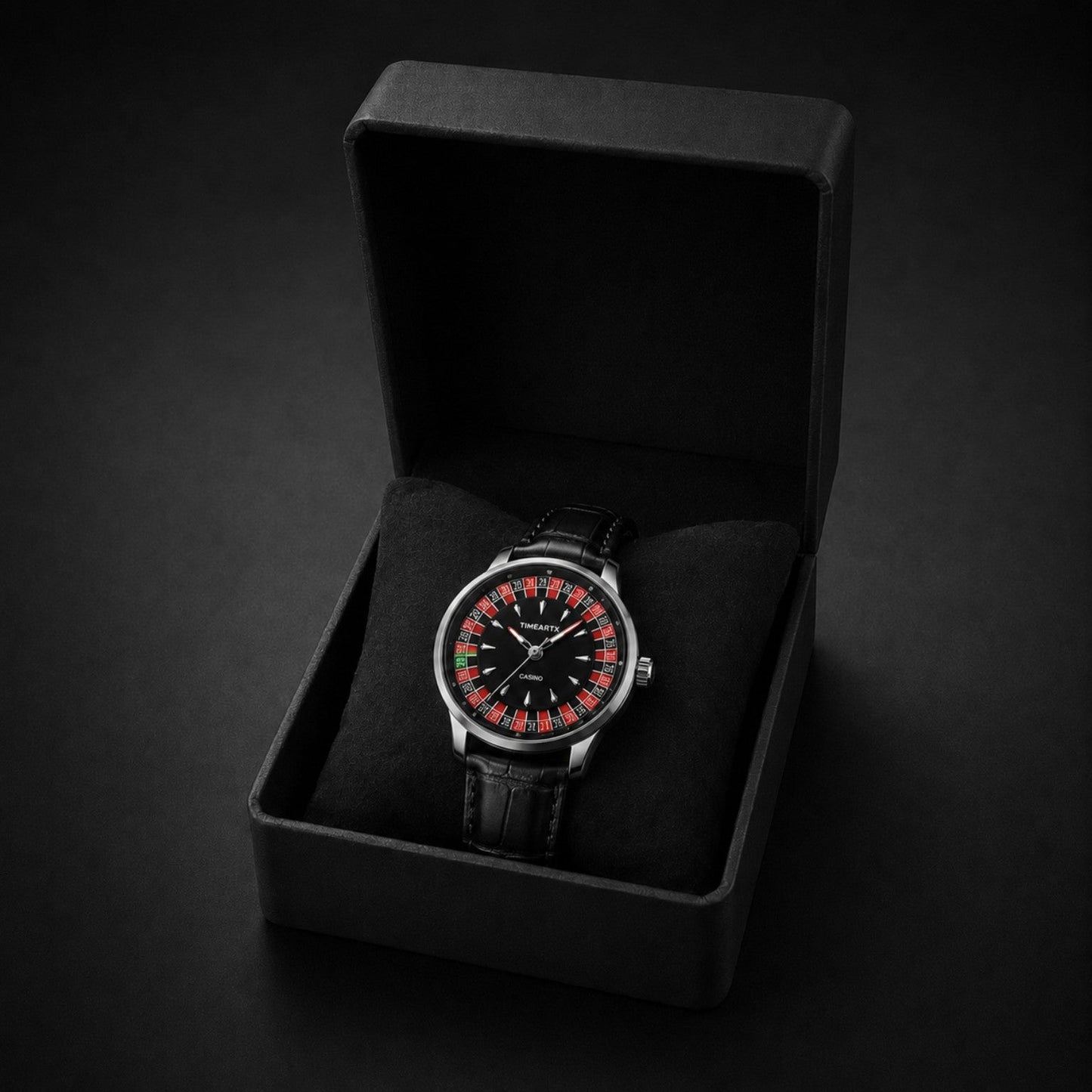 TIMEARTX Roulette Watch black leather strap in black gift-ready presentation box
