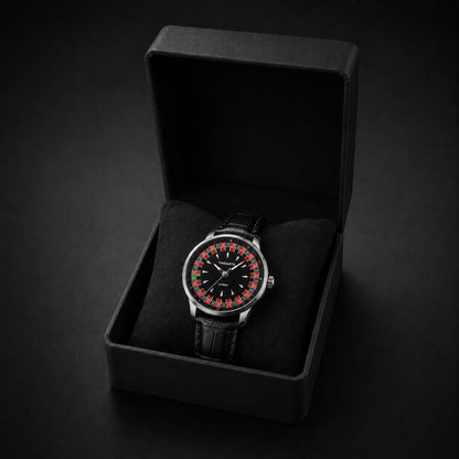 TIMEARTX Roulette Watch black leather strap in black gift-ready presentation box