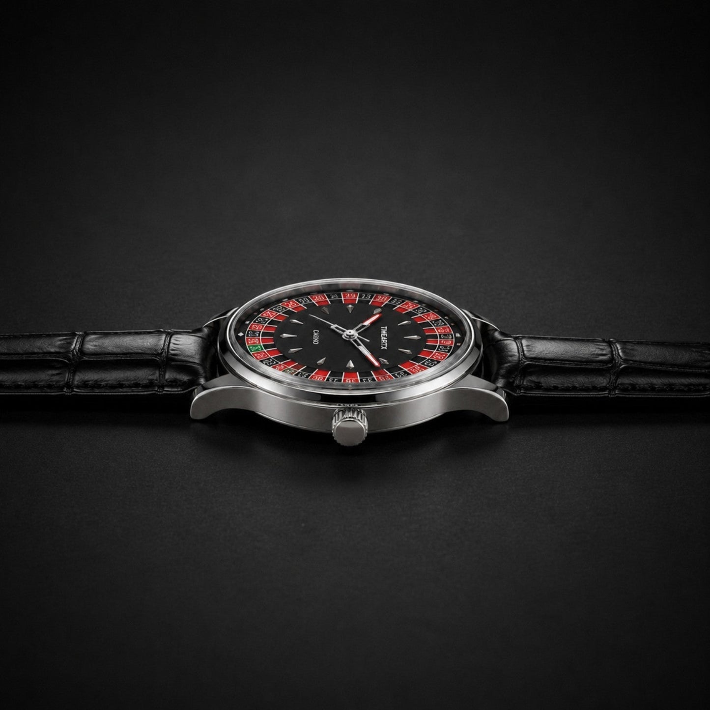 TIMEARTX Roulette Watch black leather strap side profile