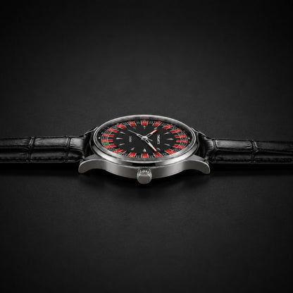 TIMEARTX Roulette Watch black leather strap side profile
