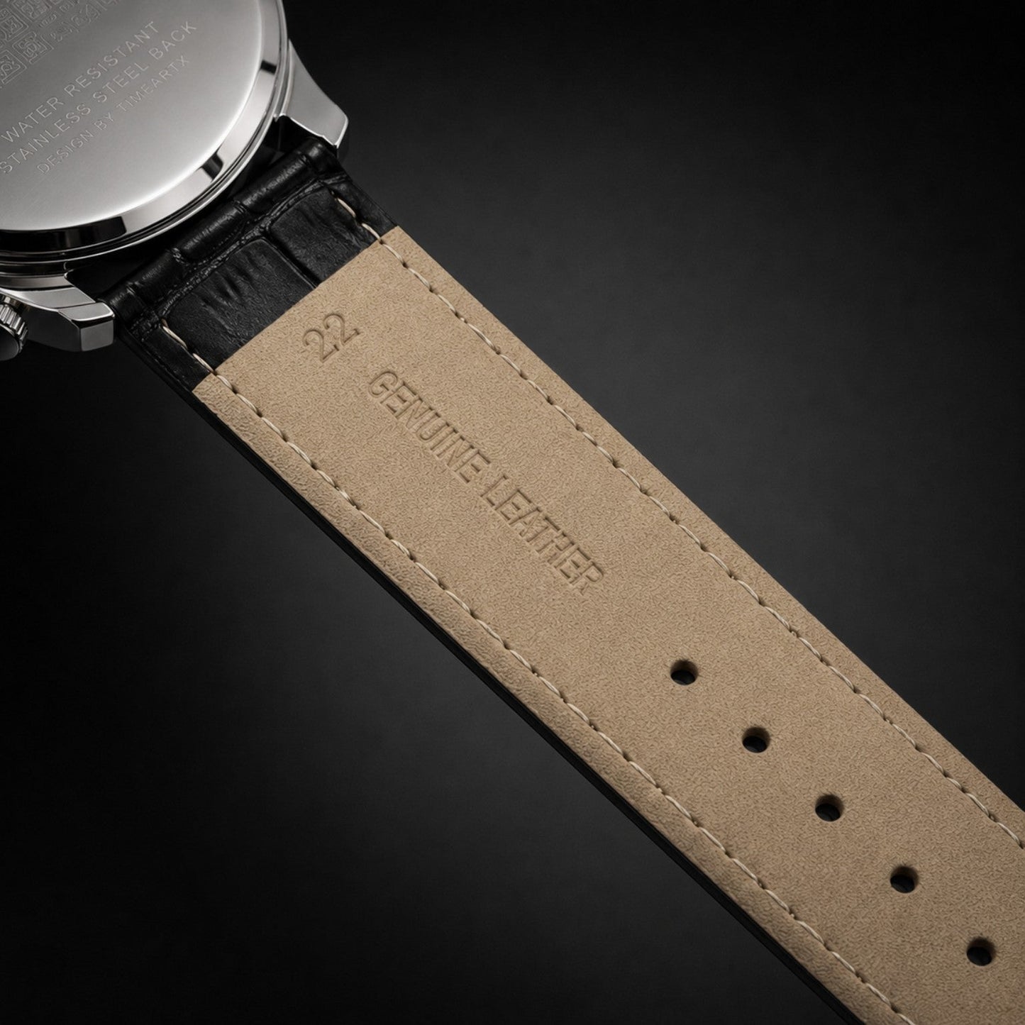 TIMEARTX black leather strap genuine leather underside detail