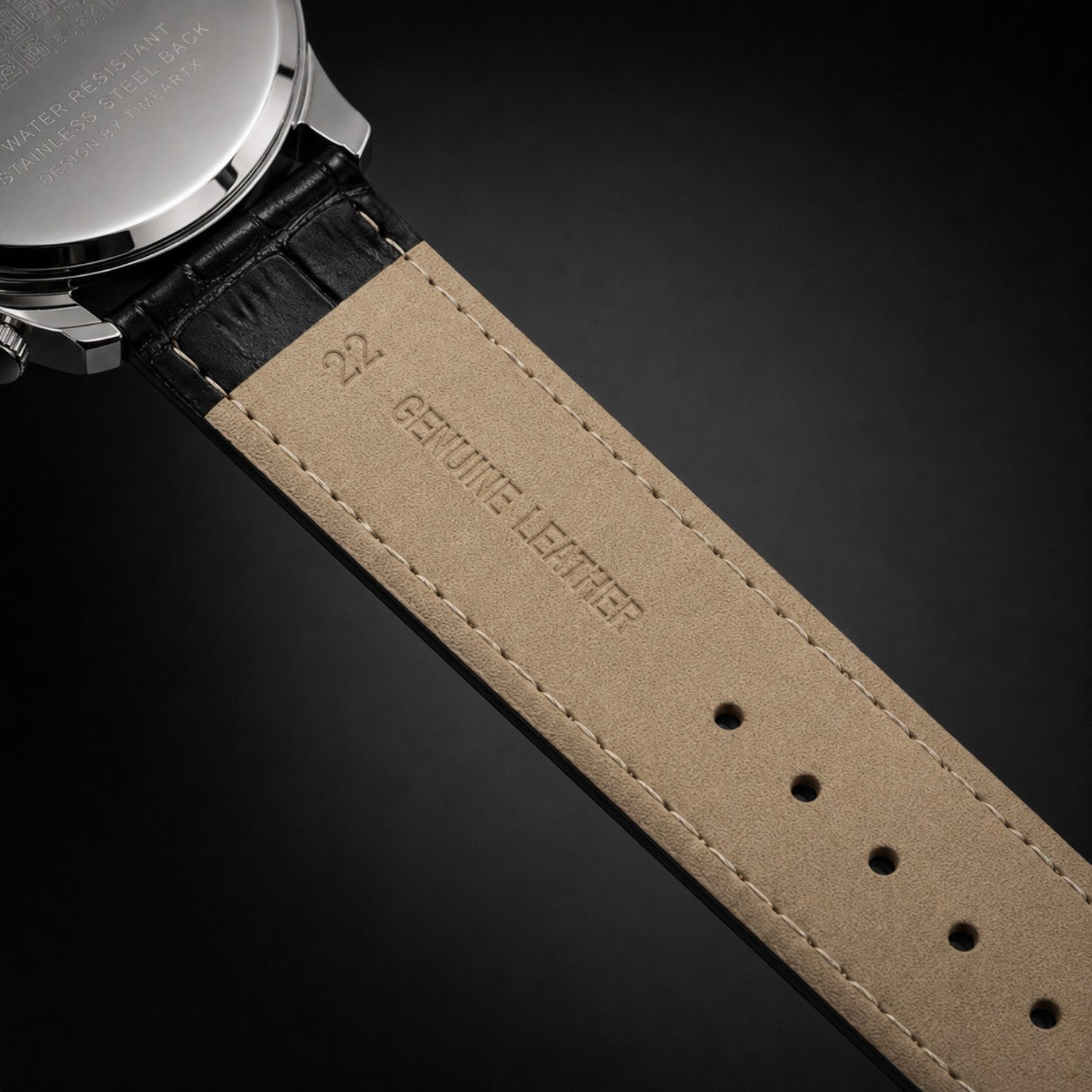 TIMEARTX black leather strap genuine leather underside detail