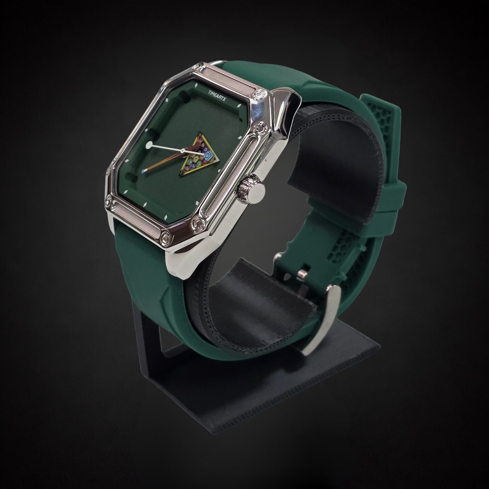 TIMEARTX Pool Table Watch Green side angle on display stand