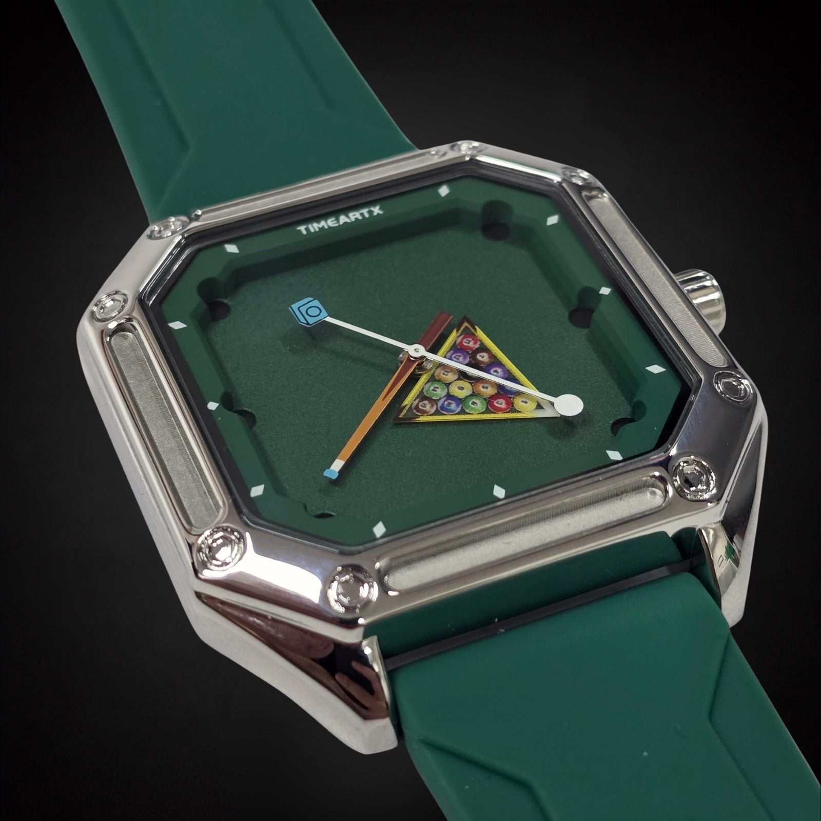 TIMEARTX Pool Table Watch Green close-up dial view
