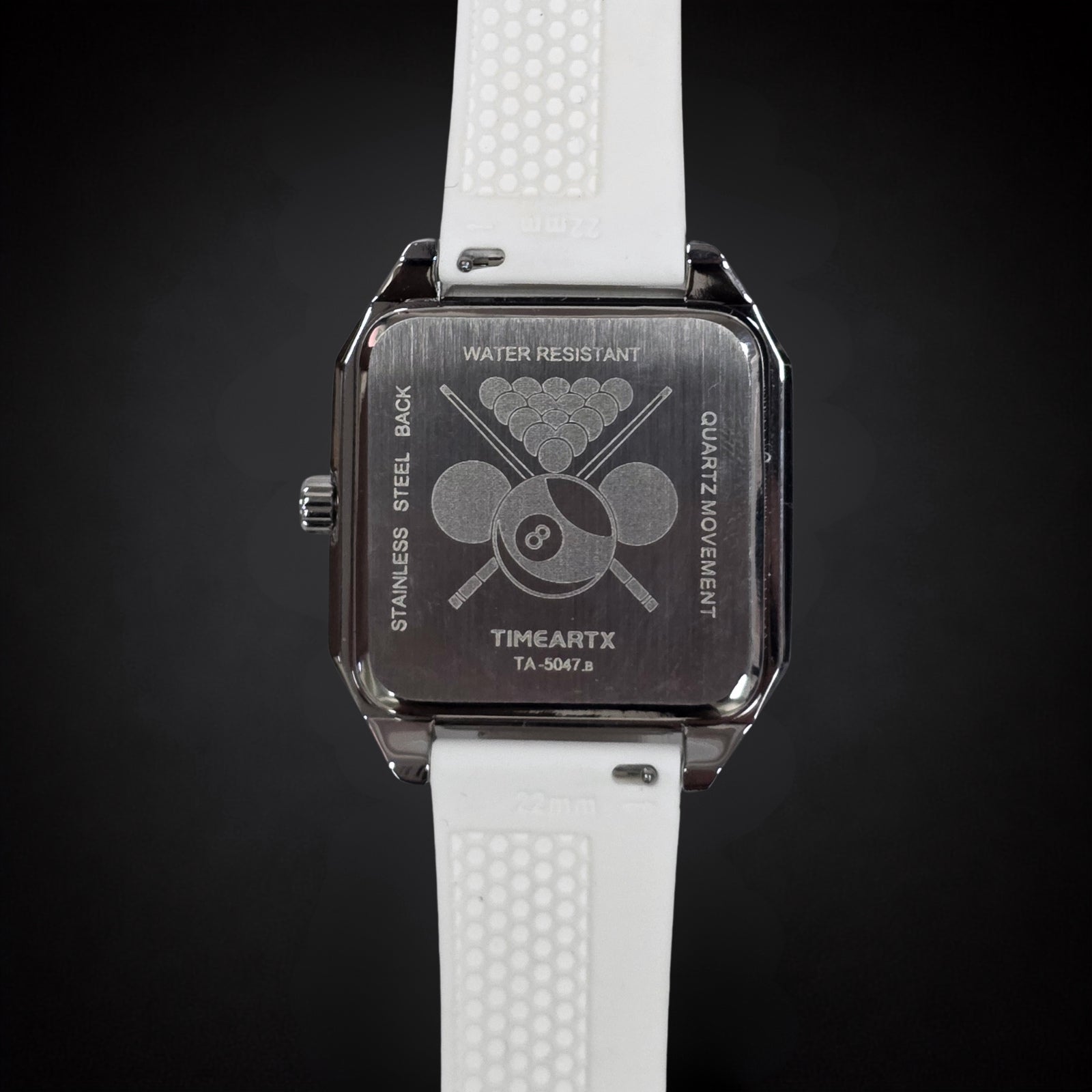 TIMEARTX Pool Table Watch White Strap caseback view