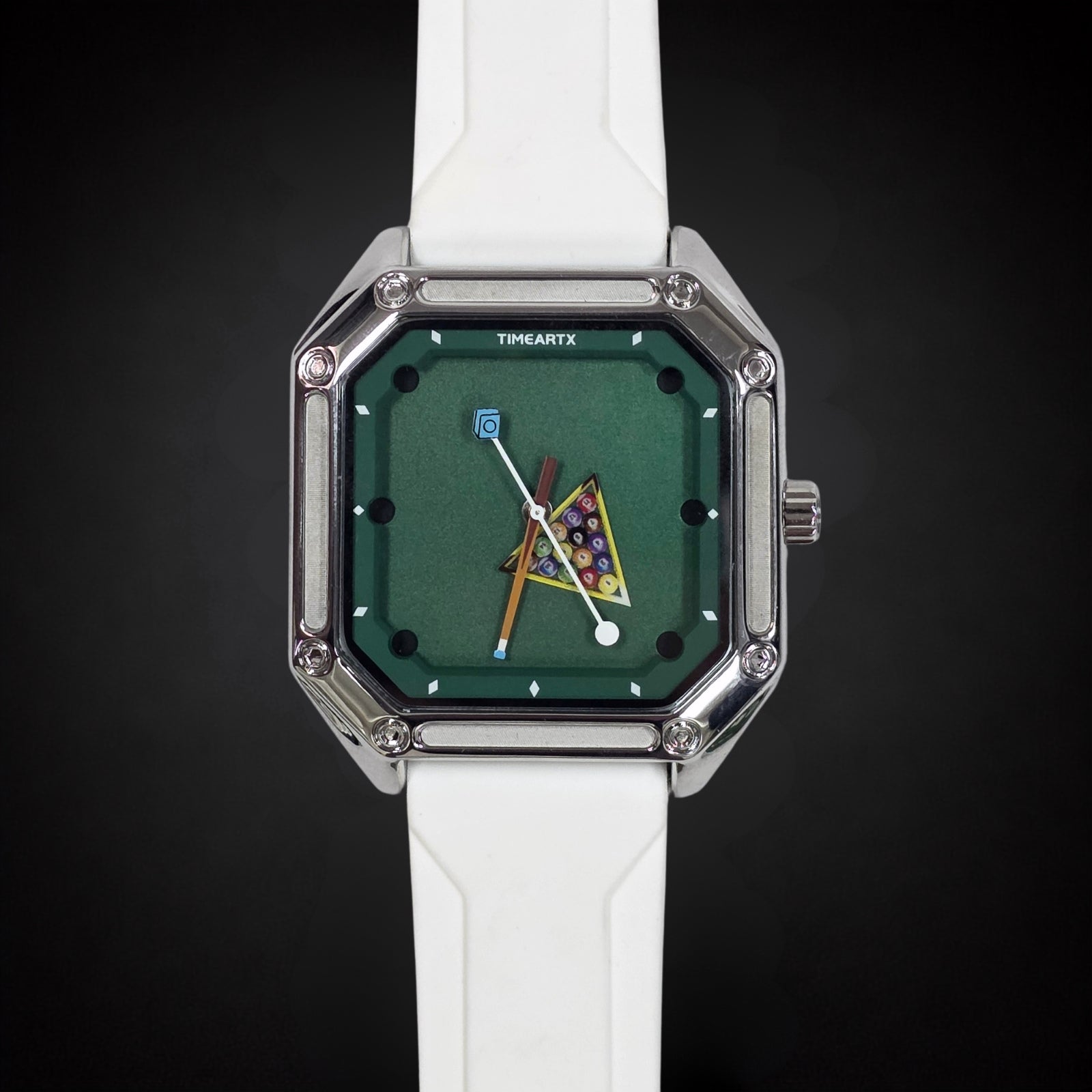 TIMEARTX Pool Table Watch White Strap close-up dial view