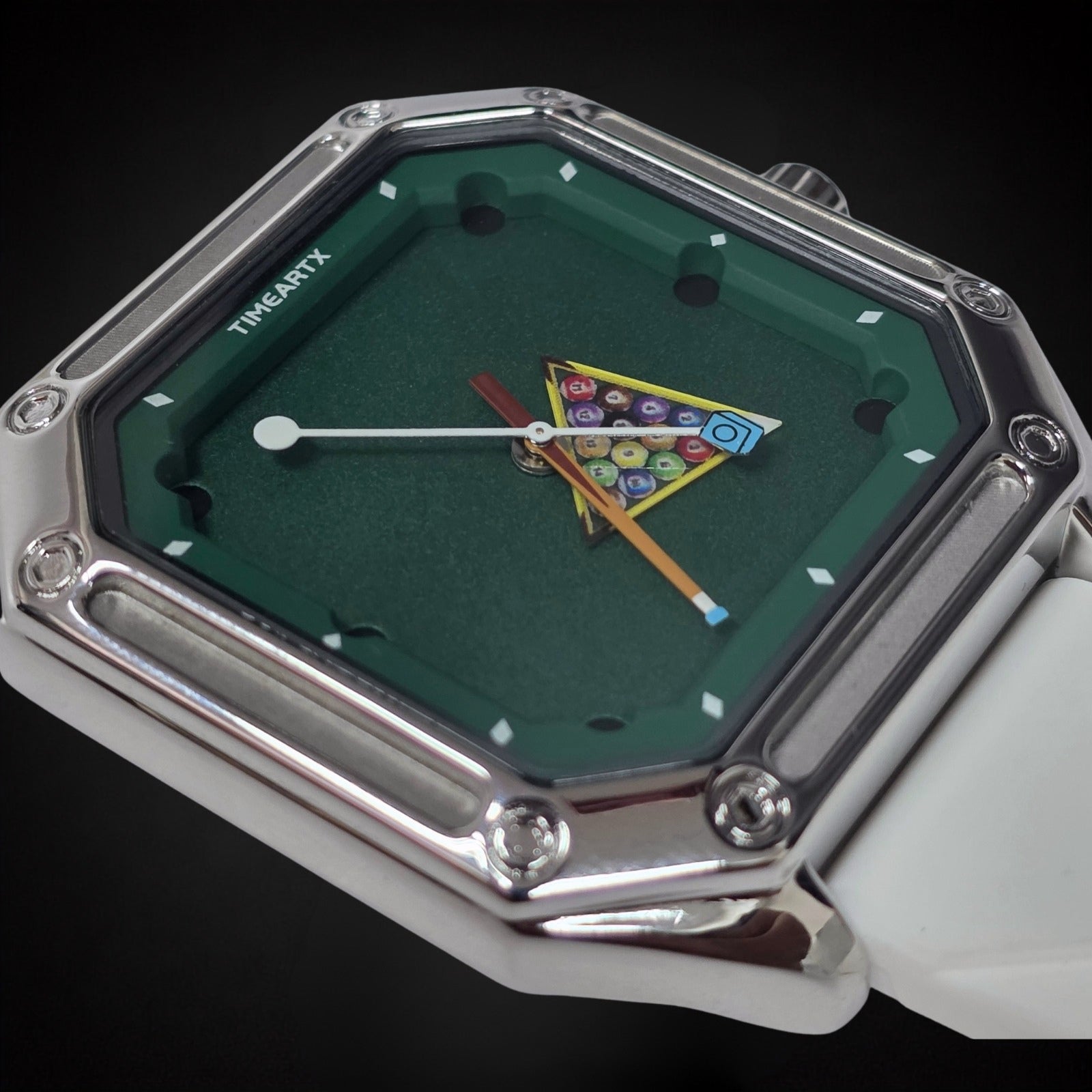 TIMEARTX Pool Table Watch White Strap zoomed dial view