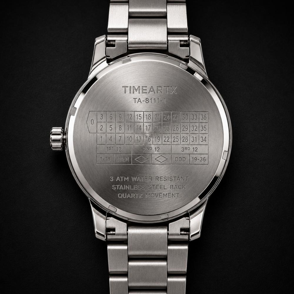 All In Roulette Watch back view with stainless steel case and bracelet